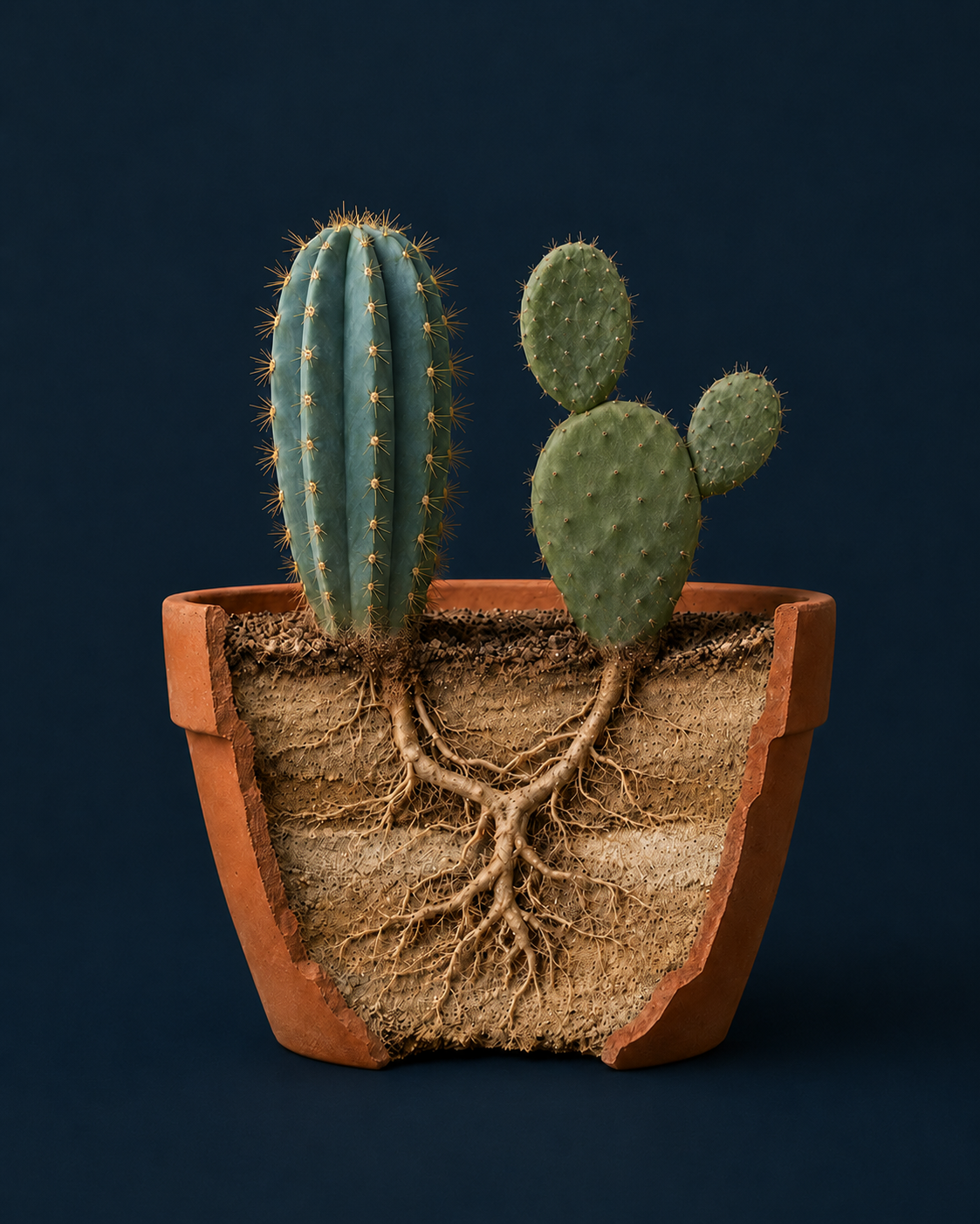 Cacti roots — the deep, shared foundation beneath the surface